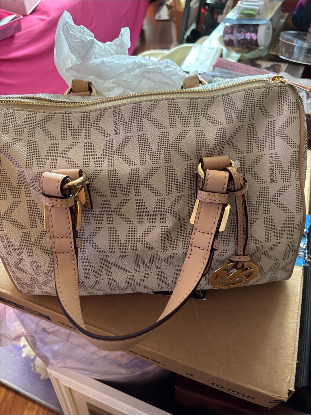 Michael Kors Pink Beige Signature MK Satchel